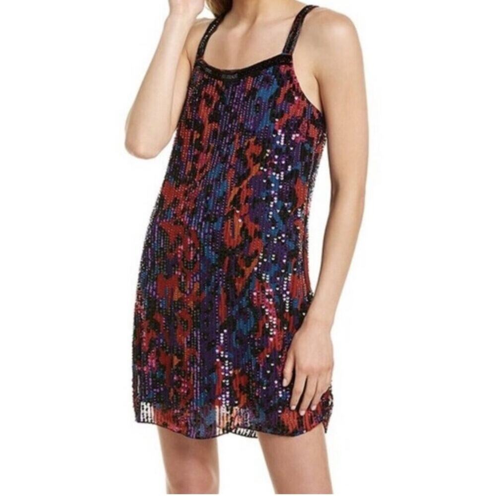 Parker | Saturn Beaded Mini Slip Dress Animal Print Party Vegas Glam Small